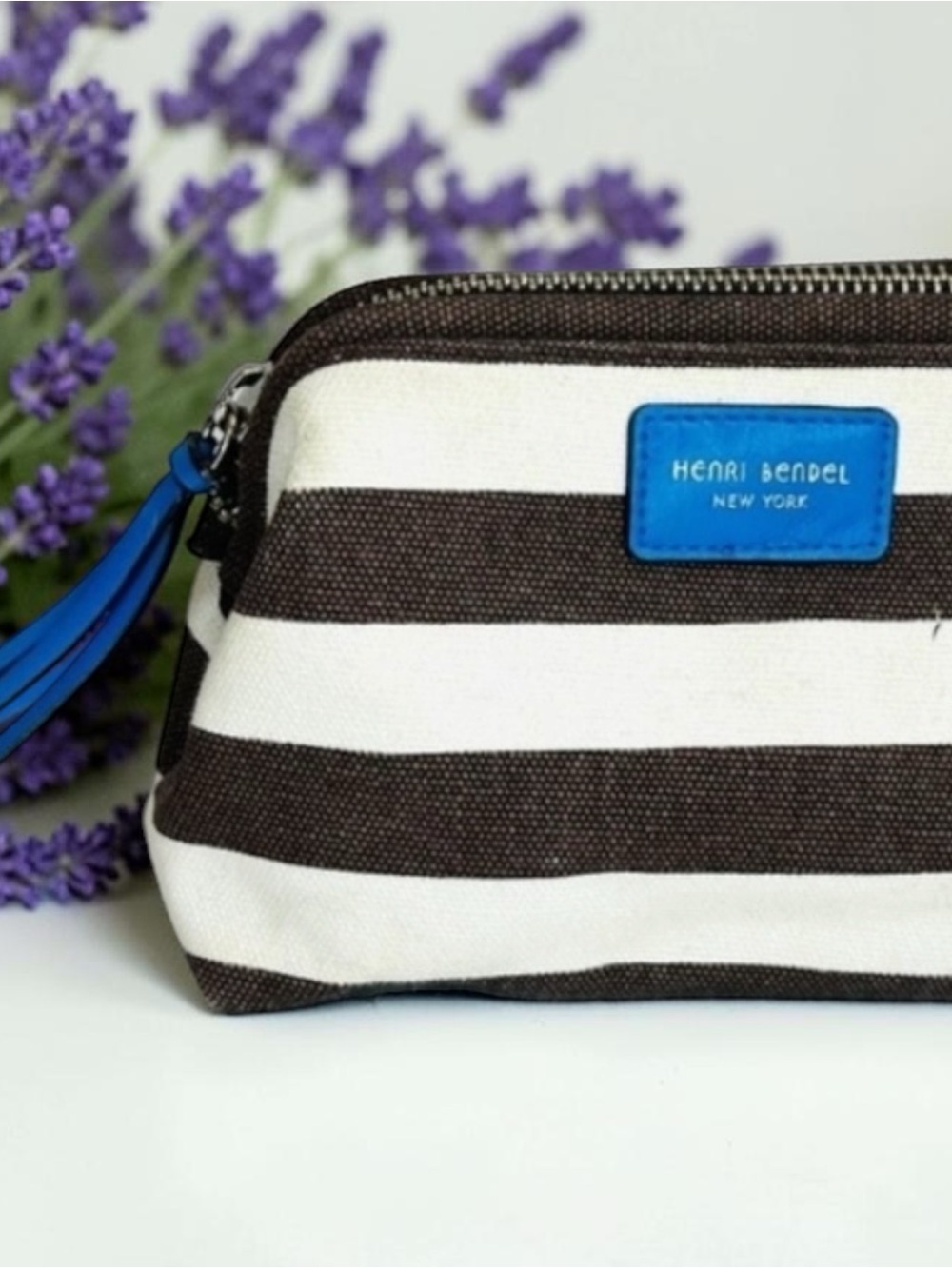 henri bendel Black and White Striped Wristlet with Blue Accent
